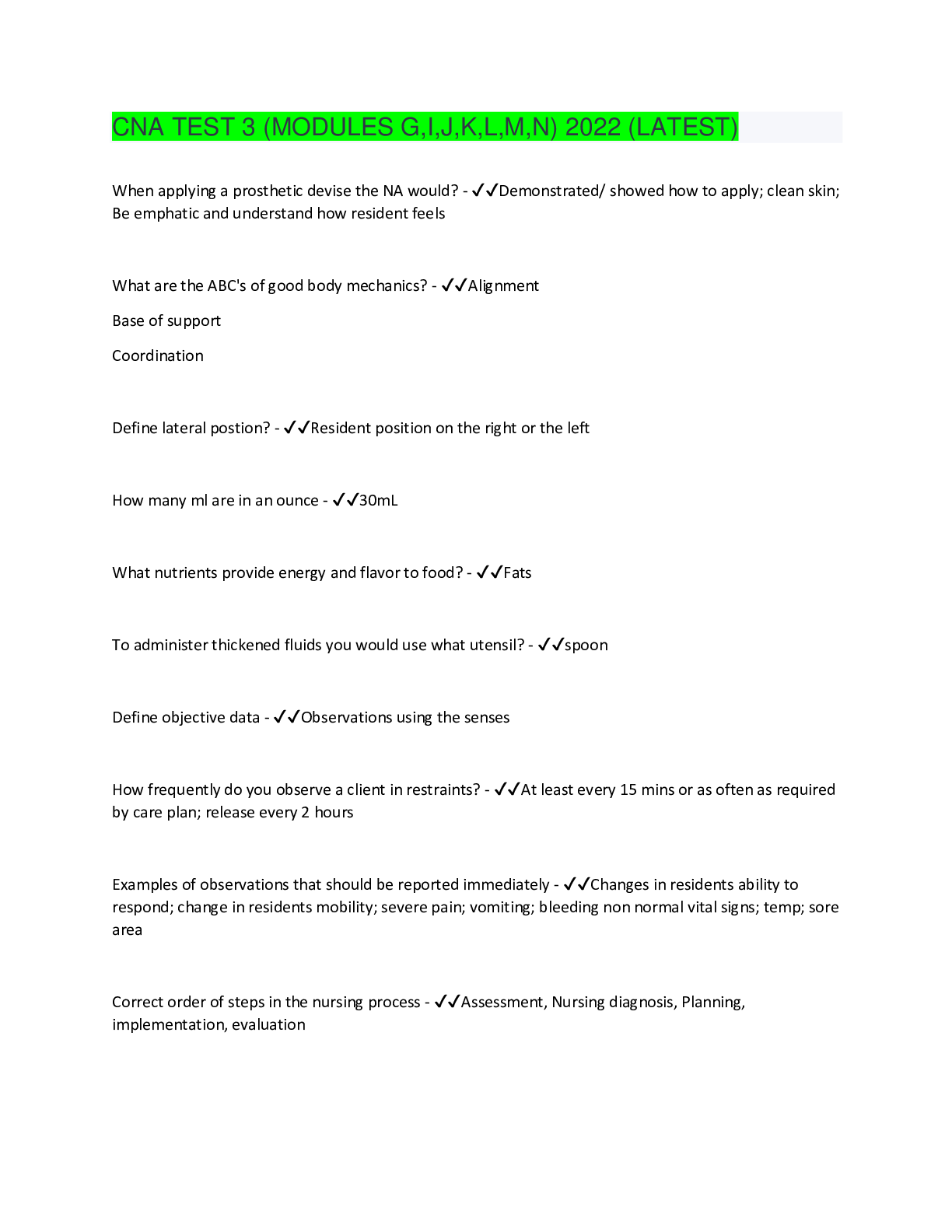 CNA (certified nursing assistant) TEST 3 (MODULES G,I,J,K,L,M,N) 2022